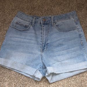 High waisted light wash jean shorts
